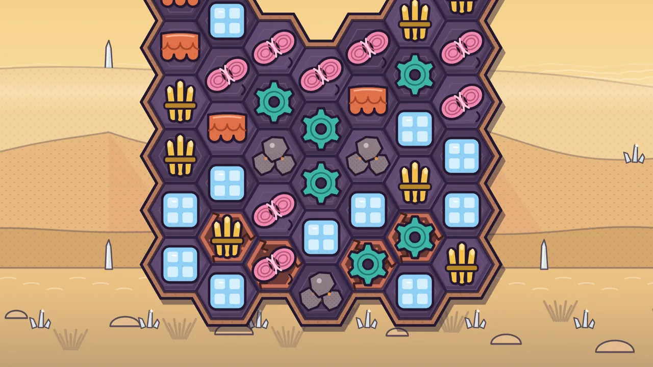 The bottom of a U-shaped board in front of golden sand dunes under a warm yellow sky; in the floor of the U, four plates glow reddish brown with fine cracks, the hot stones, with a golden reed bundle, a pink wool skein and two teal cogs resting on them, and gray clusters of pebbles sit between them and a little higher up, among pale blue glass panes and orange clay tiles