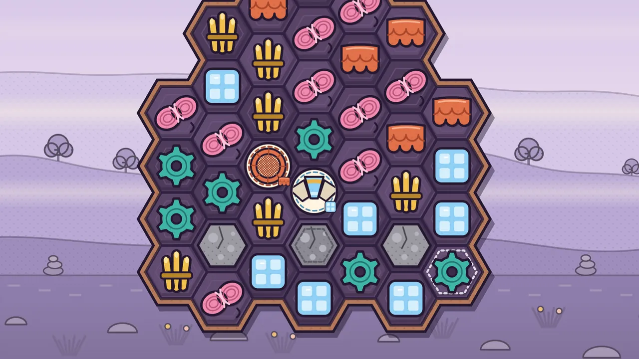 A bell-shaped board of dark purple hexagon plates in front of lilac hills, filled with pieces in five colors: orange clay tiles, golden reed bundles, pink wool skeins, teal cogs and pale blue glass panes; along the bottom row sit three gray cracked lichen stones, a dashed white ring circles a teal cog at the right end of the row, and just above the stones a round woven Sieve and a cream Keystone stand side by side