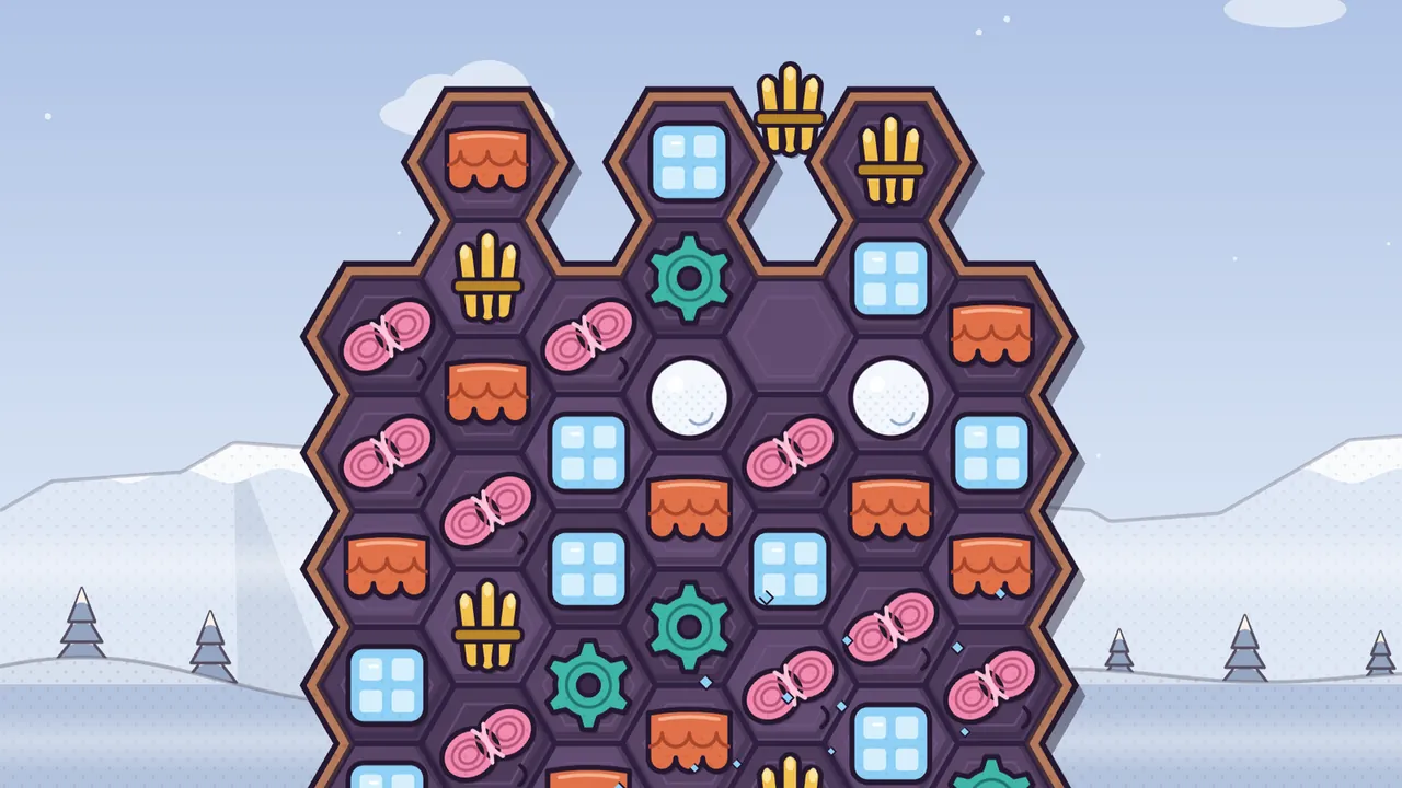 The top of a board shaped like a roof with three chimney stacks, set against a pale blue winter sky with snowy mountains and little fir trees; a golden reed bundle drops in through the gap between two chimneys toward an empty plate, and two round white snowballs sit on either side of that plate, surrounded by orange, pink, teal and pale blue pieces