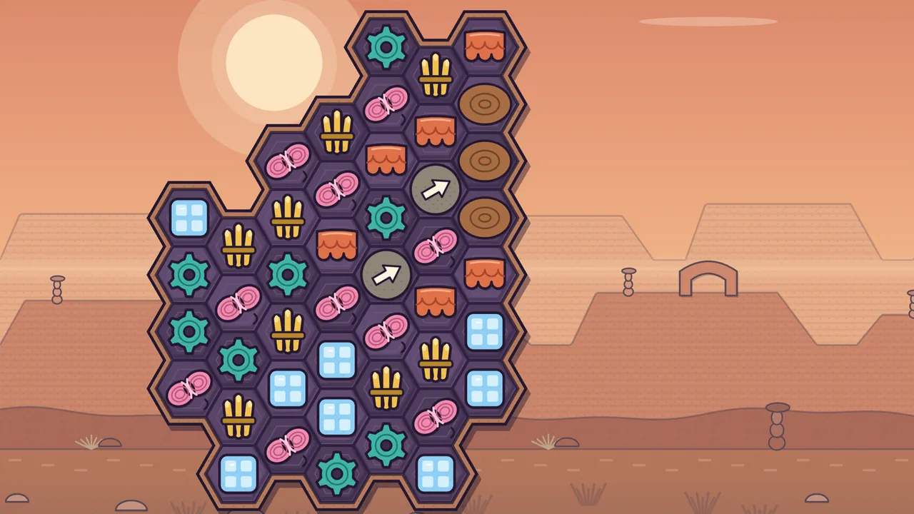 A board of dark purple hexagon plates shaped like a water tank with a spout that steps up to the upper right, set in a red canyon at sunset with a big pale sun, flat-topped mesas, a stone arch and little stacked cairns; three round brown log ends stack in the top right column, plugging the spout, two gray boulders with white arrows pointing up and to the right wait beside and below them, and the rest of the board is filled with orange clay tiles, golden reed bundles, pink wool skeins, teal cogs and pale blue glass panes