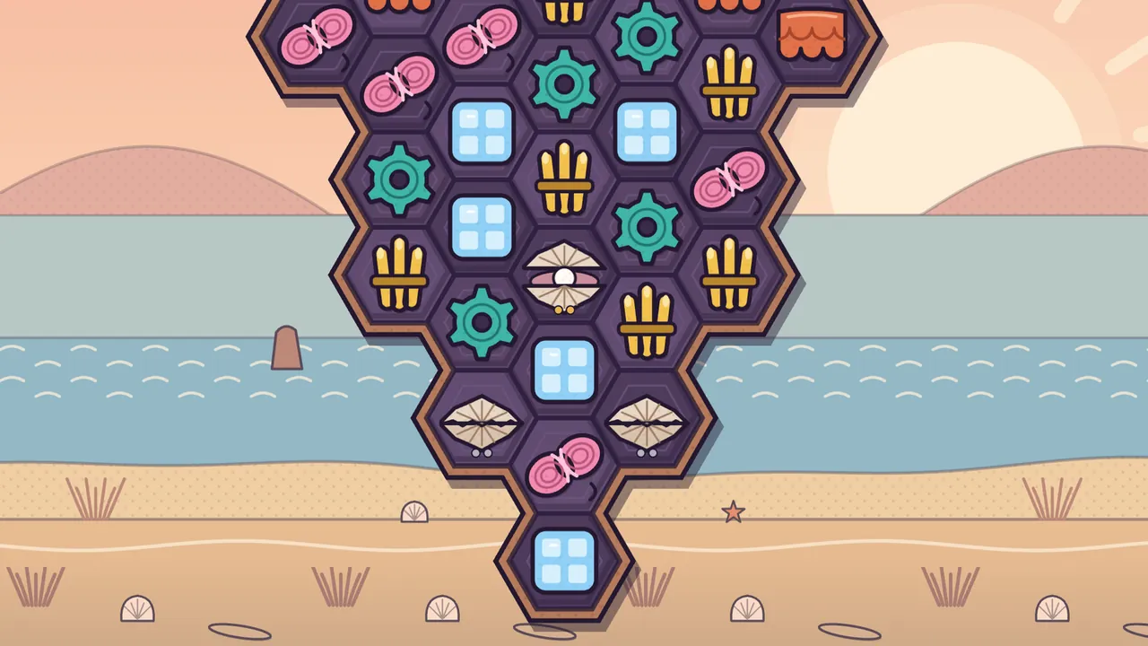 A board shaped like a basket that narrows to a single plate at the bottom, set against a peach sunrise sky, a calm blue sea with a little rock in it and a sandy beach with shells and a starfish; in the middle of the board an open oyster shows a white pearl, and two plates lower two shut oysters with wavy seams sit on either side of a pink wool skein
