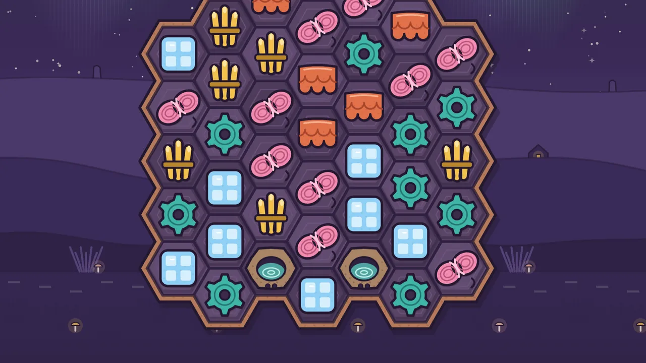A tall board shaped like a house under a night sky with green northern lights and tiny stars, dark purple hills and small glowing mushrooms on the ground; in the bottom row two round brown vents with swirling teal water sit with a pale blue glass pane between them, and above them the walls of the house are packed with golden reeds, pink wool, orange clay, teal cogs and pale blue glass