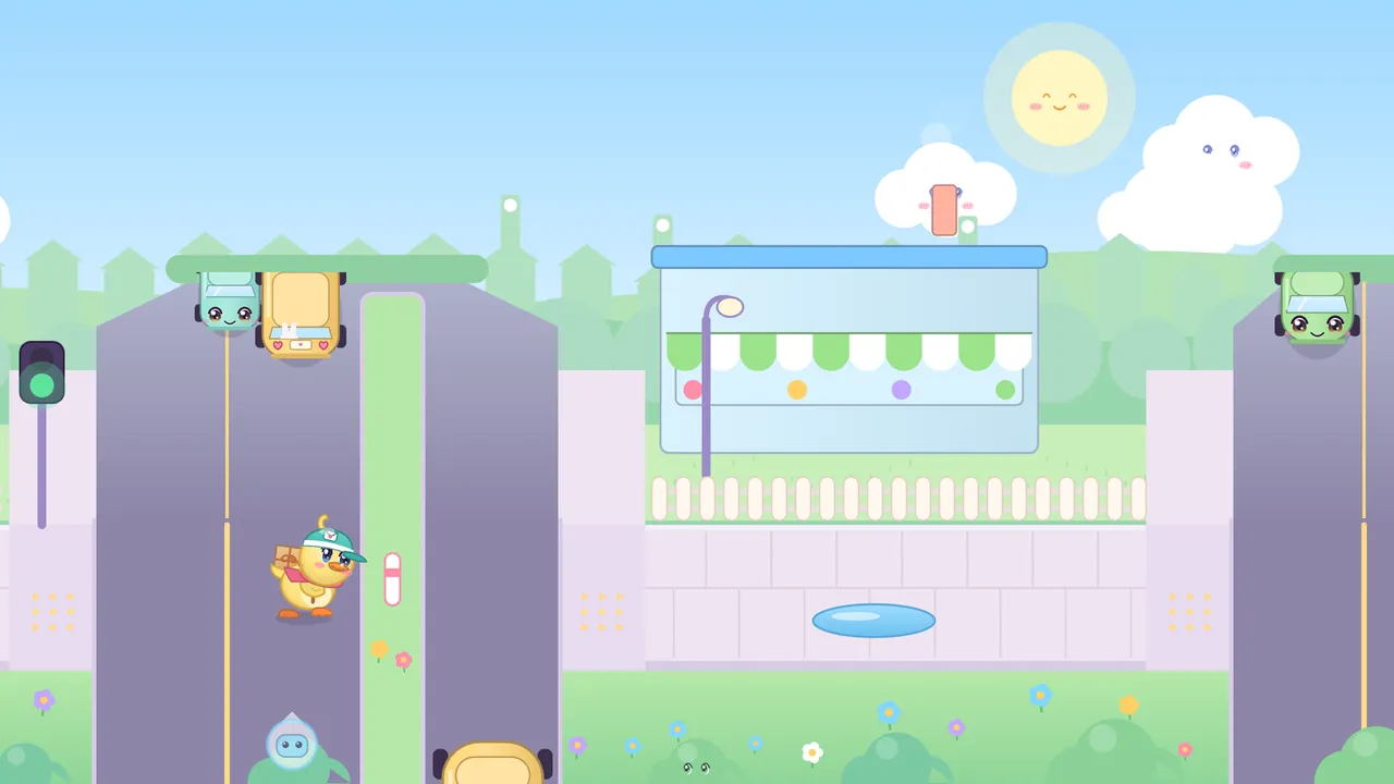 Dilly, a yellow duckling in a teal courier cap with a pink scarf and a parcel on her back, walks across a wide two-lane road in Pudding Town on a sunny day; a traffic light beside the road shows green, a mint car and a yellow car with smiling faces wait at the top of the lanes, a narrow grassy island with a small white post runs down the middle, and a pale blue shop with a green and white awning, a street lamp and a picket fence stands beyond, under a smiling sun and puffy white clouds with faces