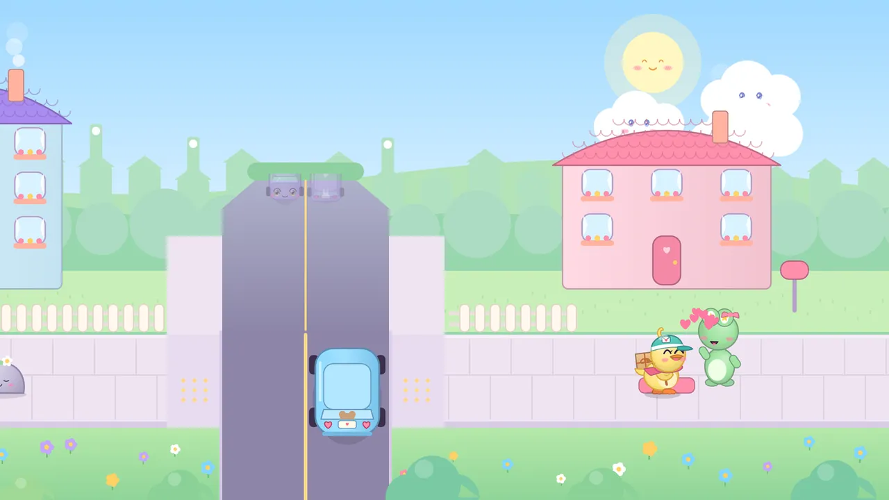 On a sunny day Dilly stands on a pink doormat with her parcel next to Lulu, a green frog with a pink bow and pink hearts floating above her, in front of a pink house with a heart-shaped door and a pink mailbox; to the left a blue car with a smiling face drives down a wide road, and a smiling sun with a glowing ring shines over puffy clouds with faces