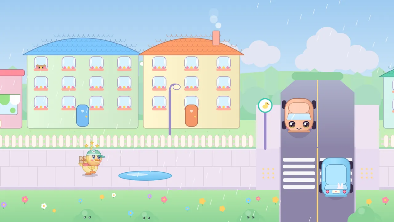 Rain falls over Pudding Town as Dilly, with little yellow stars circling her cap, walks toward a long blue puddle on the pavement; ahead is a zebra crossing where an orange car and a blue car with smiling faces drive along the road, a duck crossing sign stands beside it, and behind the picket fence rise a mint apartment house with a blue roof and a cream one with an orange roof, under gray clouds and a pale blue sky