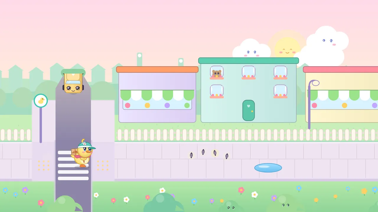 Dilly, a yellow duckling in a teal courier cap with a pink scarf and a parcel on her back, steps onto a white zebra crossing on a narrow road in Pudding Town while a yellow car with a smiling face waits at the top of the lane; a duck crossing sign stands on a pole by the road, a lilac shop and a mint house with a teddy bear in the window line the street behind a picket fence, a row of seeds and a blue puddle wait on the pavement ahead, and a smiling sun peeks between clouds with faces in a pink sky