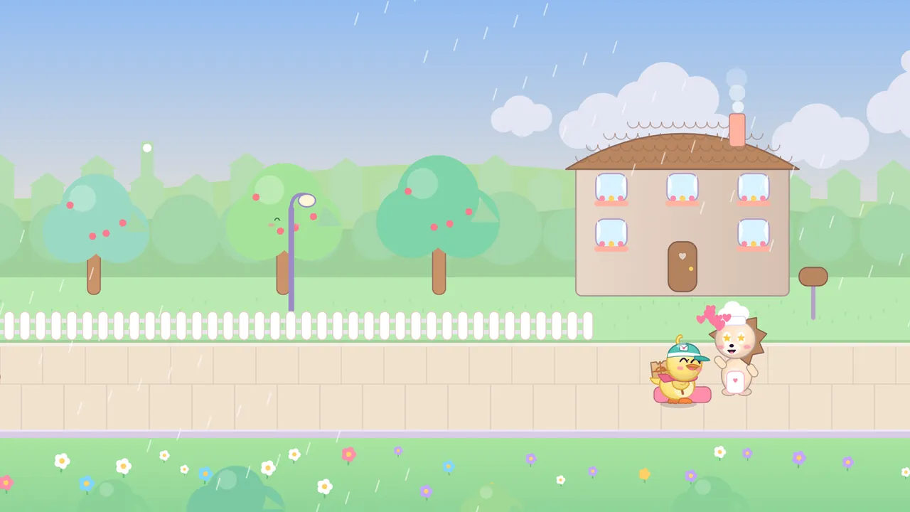 In the rain at the end of the Park way, Dilly stands on a pink doormat with her parcel in front of a brown-roofed cottage while Hazel, a cream hedgehog in a white chef’s hat and apron, raises her paws with star eyes and pink hearts floating above her; round mint and green trees with red fruit, a street lamp and a white picket fence line the sandy path, and a mailbox stands by the house