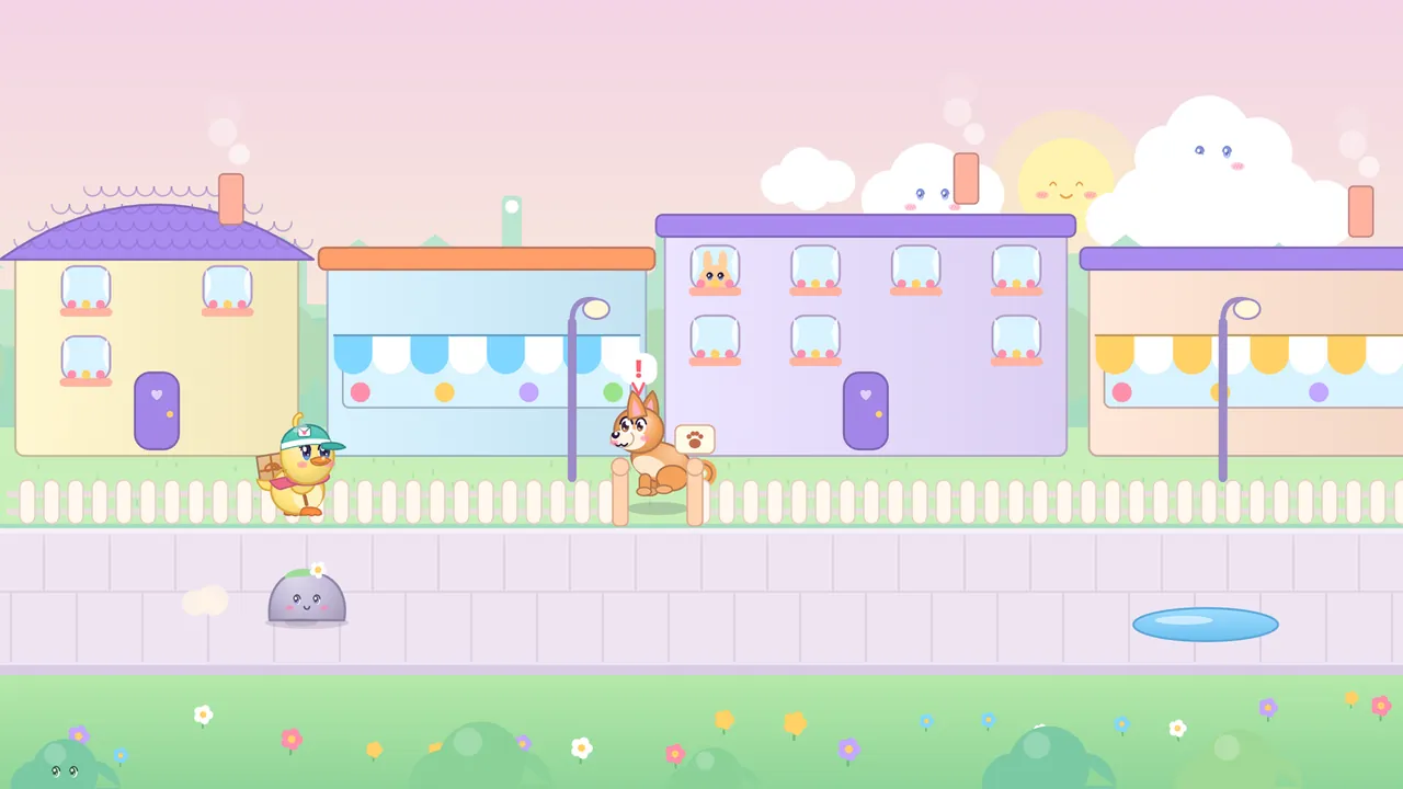 Dilly walks along the pavement with her parcel while Mr. Guard, an orange and cream yard dog with a red exclamation mark above his head, stands at a low gate in the picket fence next to a small sign with a paw print; behind them stand a cream house with a lilac roof, a pale blue shop with a striped awning, a lilac apartment house with a bunny in a window and a peach shop, a smiling rock sits on the pavement and a blue puddle lies ahead, under a soft pink sky with a smiling sun and clouds