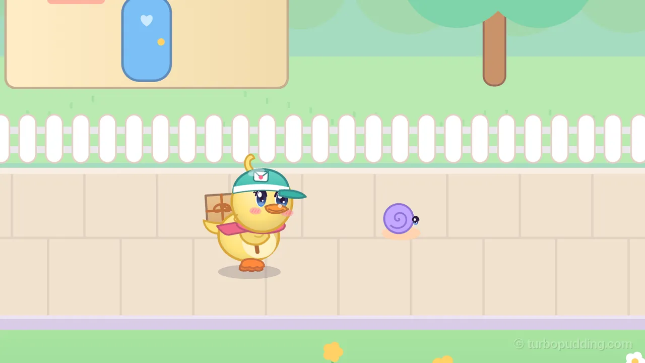 Day 1 on the park way in Pudding Town: Dilly, the yellow duckling courier in her teal cap and pink scarf with a parcel on her back, walks to the right along a wide sandy sidewalk toward a small snail with a lilac spiral shell, a peach body and one round dark eye, which creeps along a little way ahead of her; behind them run a white picket fence, a green lawn, a cream house with a blue door and the trunk of a round green tree