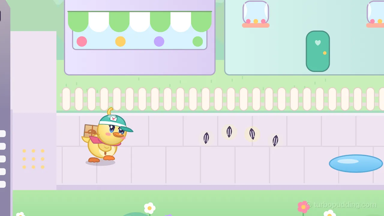 Day 1 in Pudding Town, on the quick way to Clover’s door: Dilly, a round yellow duckling courier in a teal cap with an envelope badge and a pink scarf, a brown parcel tied on her back, walks to the right on a lilac sidewalk just past the end of a zebra crossing, whose white stripes and gray road show at the left edge beside a curb with little yellow dots; ahead of her, four dark seeds with pale stripes float over the sidewalk in a gentle wave, and a round blue puddle waits further on; behind a white picket fence stand a lavender shop with a green-and-white striped awning and colored dots in its window and a mint house with a green door marked with a heart, and small flowers grow in the grass along the front