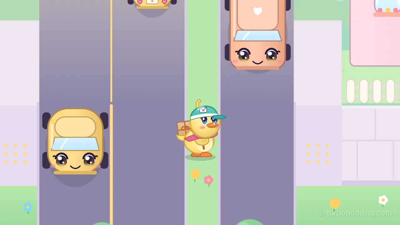 Day 4 in Pudding Town, seen from above on a sunny day: Dilly, the yellow duckling courier in her teal cap and pink scarf with a parcel on her back, stands on a narrow green island with two small flowers in the middle of a three-lane street, while a round yellow car with big eyes and a smile drives along the lane on the far left, a peach car with a white heart on its roof passes in the lane right next to her, and a third car with heart-shaped tail lights drives off at the top of the middle lane; on the right are a curb with little yellow dots, a white picket fence and a pink house