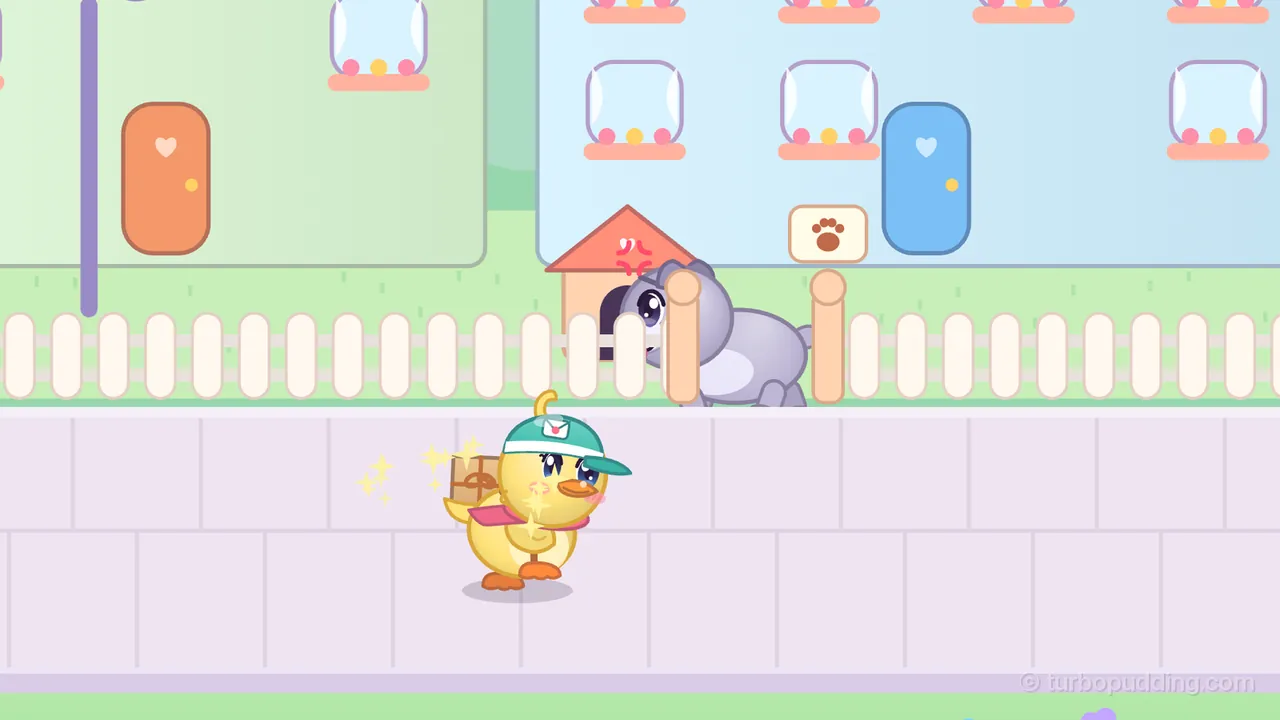 Day 2 in Pudding Town, on the quick way to Mallow’s door: Dilly, a round yellow duckling in a teal cap with an envelope badge and a pink scarf, a brown parcel on her back, walks along a lilac sidewalk with a few gold sparkles around her from the seeds she just picked up, while behind the white picket fence a stubby lavender-gray bulldog with folded ears and big purple eyes peeks out between two gate posts, a red angry mark above its head, next to a little doghouse with a red roof and a paw-print sign on a post; behind them stand a blue house with a blue door, a green house with an orange door and a purple street lamp