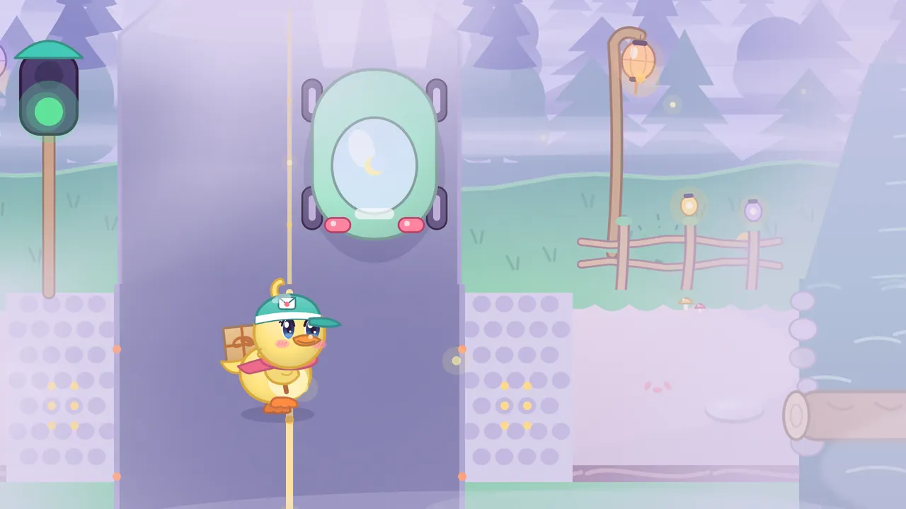 In Whisper Fog, Dilly walks across a lavender road in a soft purple mist, while a round mint bubble car with a glass dome and a little crescent moon inside rolls away up the road, showing its pink tail lights, with a traffic light on the left glowing green at its bottom lamp to say it’s safe to walk, and on the right a glowing lantern hanging from a curved post over a crooked wooden fence and pine trees fading into the fog