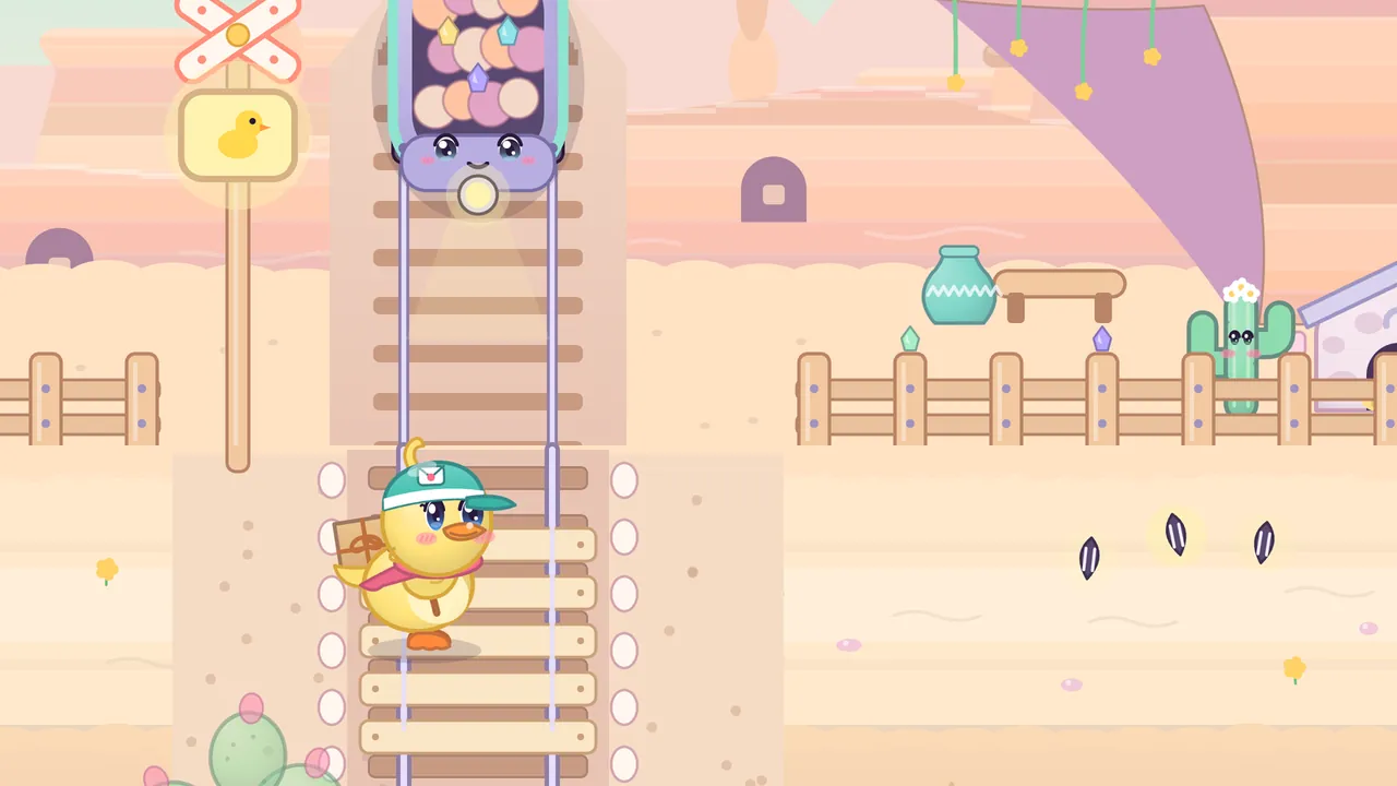 In Echo Gorge, Dilly walks across a plank crossing laid over mine-cart rails on warm sandy ground, while a lavender mine cart heaped with colorful rocks and crystals has stopped on the rails just above her, smiling, with a glowing lamp under its face, a railroad-crossing sign and a yellow duck sign on a post at the left, and a wooden fence, a teal pot on a little bench, a cactus with a face and a white flower, a pink awning and a few feathers on the sand to the right
