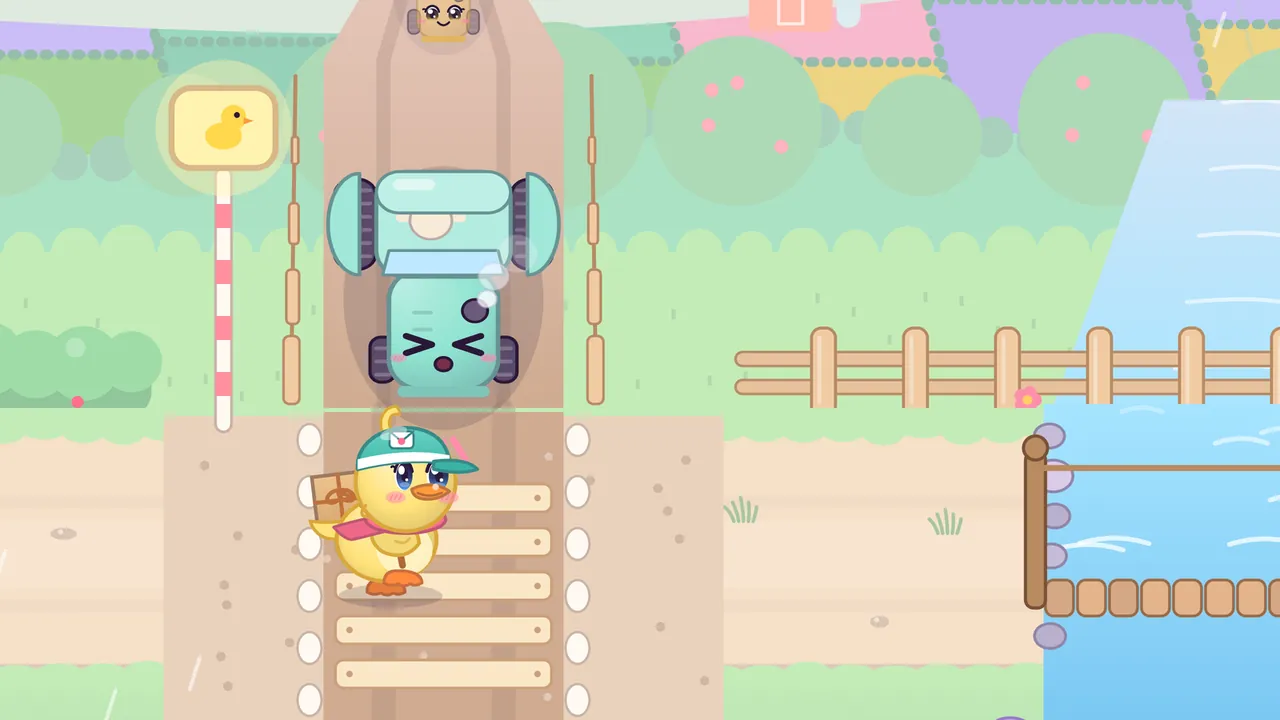 In Drizzle Dale, Dilly the duckling, in a teal courier cap and a pink scarf with a parcel on her back, stands on a crossing of wooden planks over a dirt road in light rain, while a round mint-green tractor with big black wheels has stopped just above her, its eyes squeezed shut and a puff of steam rising beside it, with a yellow duck sign on a red-and-white post at the left curb, rows of short wooden posts strung with rope along the road, a wooden fence and a blue brook with a little plank footbridge on the right, and patchwork fields at the top