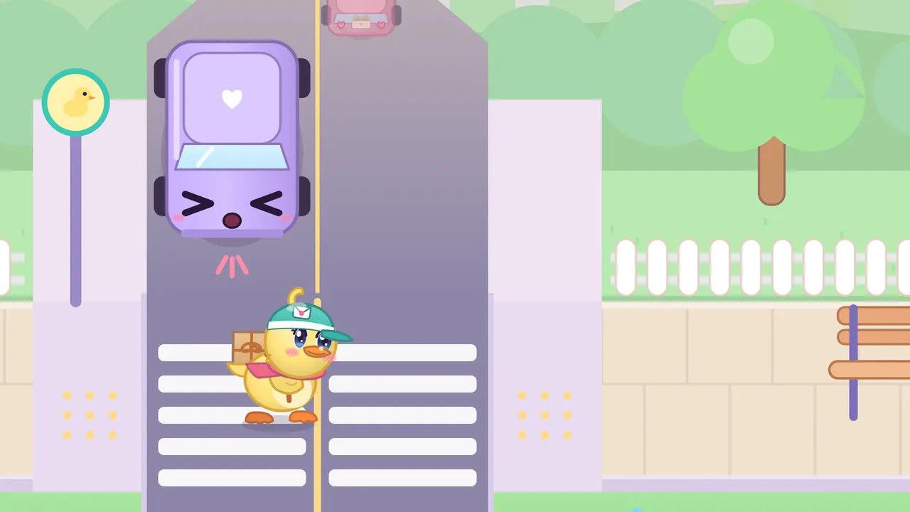Dilly the duckling, in a teal courier cap and a pink scarf with a parcel on her back, walks across a white zebra crossing on a lavender street in Pudding Town, while a round purple car with a heart on its roof has stopped just above her, squeezing its eyes shut, with little pink brake lines under its nose, a round yellow sign with a duck on a post at the left curb, and a white picket fence, a green tree and a wooden bench along the sidewalk