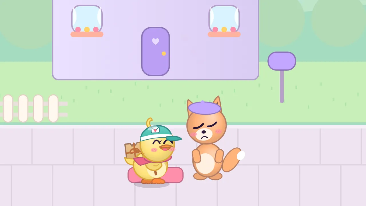 Day 2 in Pudding Town, at Fennel’s door: Fennel, an orange fox with a cream belly, pointed ears, a white tip on a bushy tail and a round lilac beret, stands on the sidewalk with paws together, eyes squeezed shut and mouth in a little frown; beside Fennel, Dilly, a round yellow duckling in a teal cap with an envelope badge and a pink scarf, a brown parcel on her back, beams with her eyes closed on a pink doormat; behind them are a lilac house with a lilac door and windows with flower boxes, a lilac mailbox on a post and a white picket fence