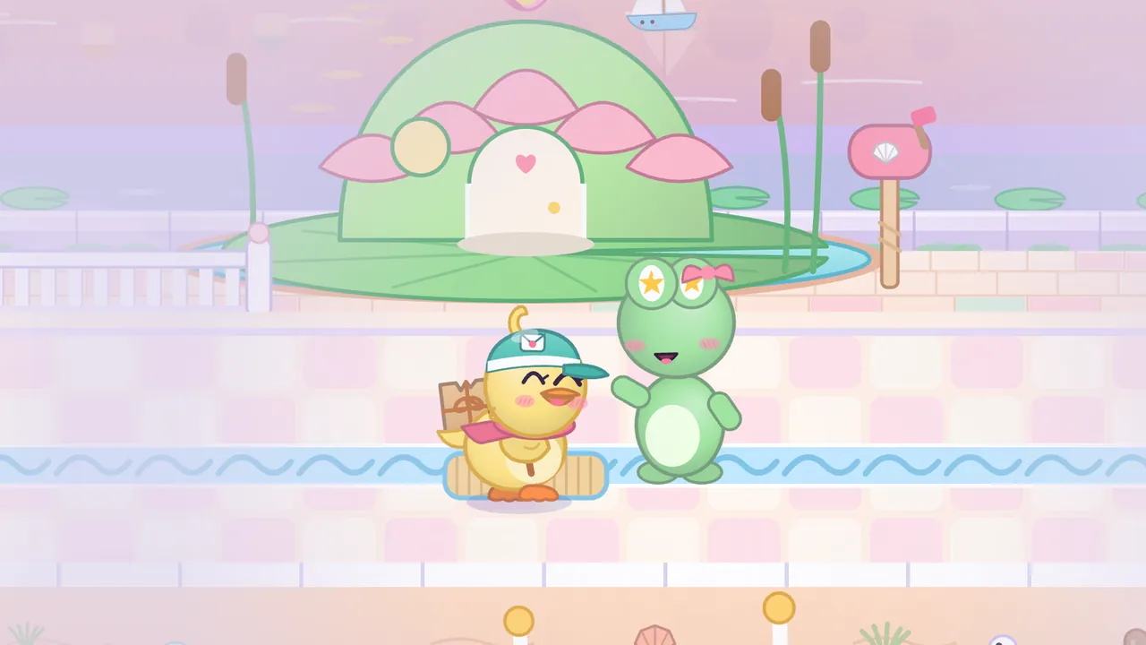 Mirror Lake on a hazy pink evening: Lulu, a round green frog with a pale green belly, a pink bow on top of the head, long lashes and stars for eyes, stands on a pink and cream tiled boardwalk with one hand raised, next to Dilly, the yellow duckling in a teal cap and pink scarf, who stands on a little wooden plank with a brown parcel on her back; a blue wavy line of water runs across the boardwalk at their feet, and behind them a round green hut with pink petals and a white arched door sits on a giant lily pad, between tall cattails and a pink mailbox with a shell on a wooden post, with lily pads and a small sailboat on the misty water beyond
