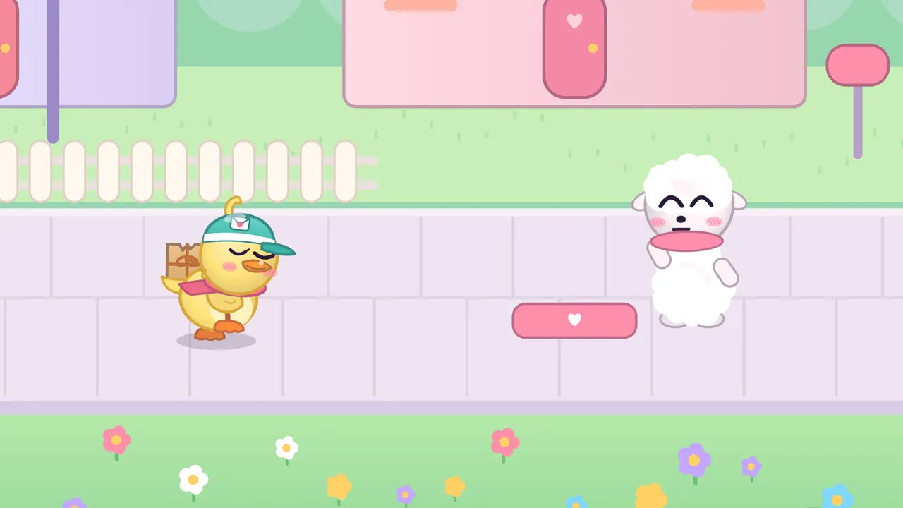 Day 2 in Pudding Town: Mallow, a round fluffy sheep with white wool, a pink blush on the cheeks, small floppy ears and a pink scarf, stands on the sidewalk on the right with eyes closed in a happy smile and one hoof raised, next to a pink doormat with a white heart; on the left, Dilly, the yellow duckling in a teal cap and pink scarf with a brown parcel on her back, walks toward Mallow; behind them are a pink house with a pink door, a lilac house next door, a tall street lamp, a pink mailbox and a white picket fence, with flowers in the grass along the bottom