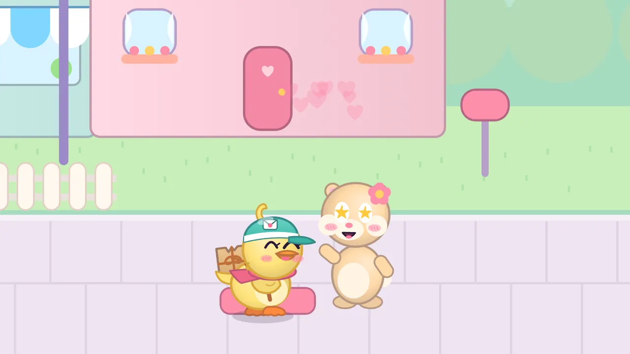 Day 4 in Pudding Town, at Nutmeg’s door: Nutmeg, a round honey-colored hamster with a cream belly, puffy cheeks, small round ears and a pink flower behind one ear, stands on the sidewalk with stars for eyes and one paw raised in a wave; beside Nutmeg, Dilly, the yellow duckling in a teal cap and pink scarf with a brown parcel on her back, smiles with her eyes closed on a pink doormat; little pink hearts float by the pink door of the pink house behind them, with a pink mailbox on the right and a shop with a blue awning, a street lamp and a white picket fence on the left