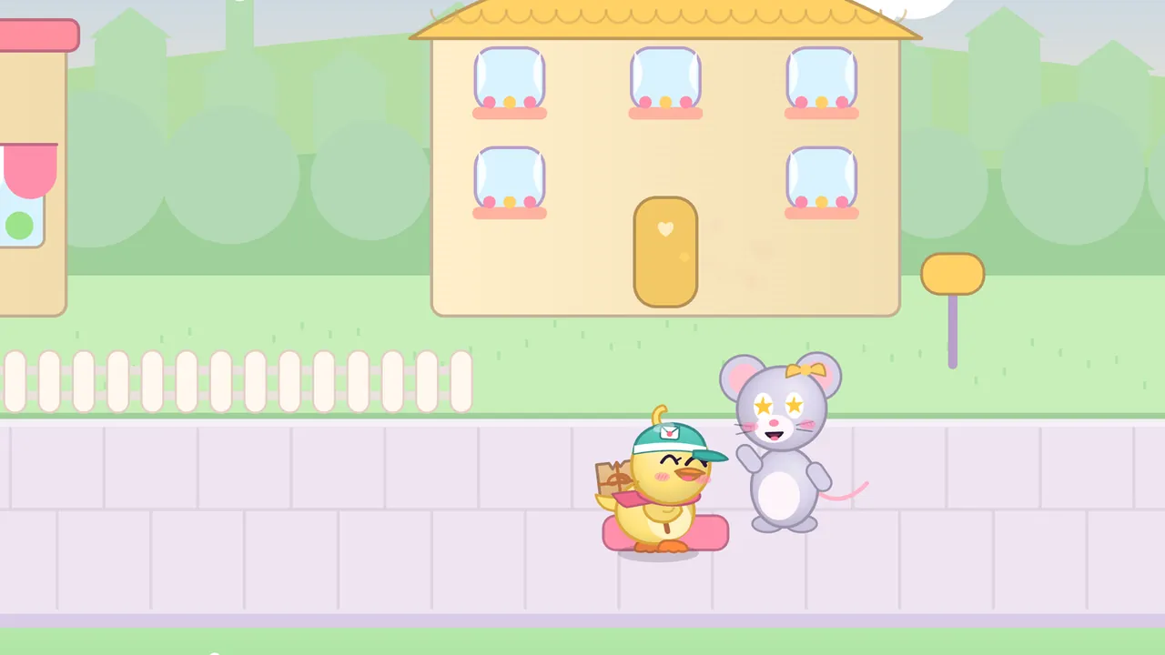 Day 1 in Pudding Town, at Pip’s door: Pip, a small mouse with pale lilac fur, big round ears with pink insides, a yellow bow, a pink nose, whiskers and a thin pink tail, stands on the sidewalk with stars for eyes, a wide smile and one paw raised; beside Pip, Dilly, a round yellow duckling in a teal cap with an envelope badge and a pink scarf, a brown parcel on her back, smiles with her eyes closed on a pink doormat; behind them stands a big cream-yellow house with a yellow scalloped roof, a yellow door with a heart, windows with flower boxes and a yellow mailbox on a post, with a white picket fence and a shop with a pink awning on the left and soft green trees beyond