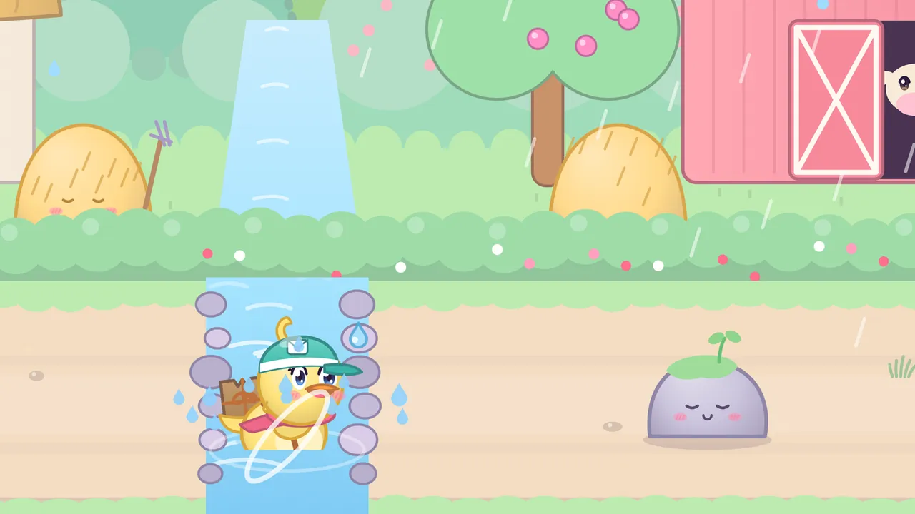 Dilly, a yellow duckling courier in a teal cap with a brown parcel on her back and a pink scarf, splashes down into a narrow brook that runs across a dirt farm road in the rain, with water drops flying, a white ring of spray and round gray stones along its banks, a sleepy smiling rock with a sprout on the road beside her, and behind her a little waterfall, a haystack with a sleepy face, a pitchfork, a second haystack, an apple tree with pink apples and a pink barn with a cow peeking out of the door
