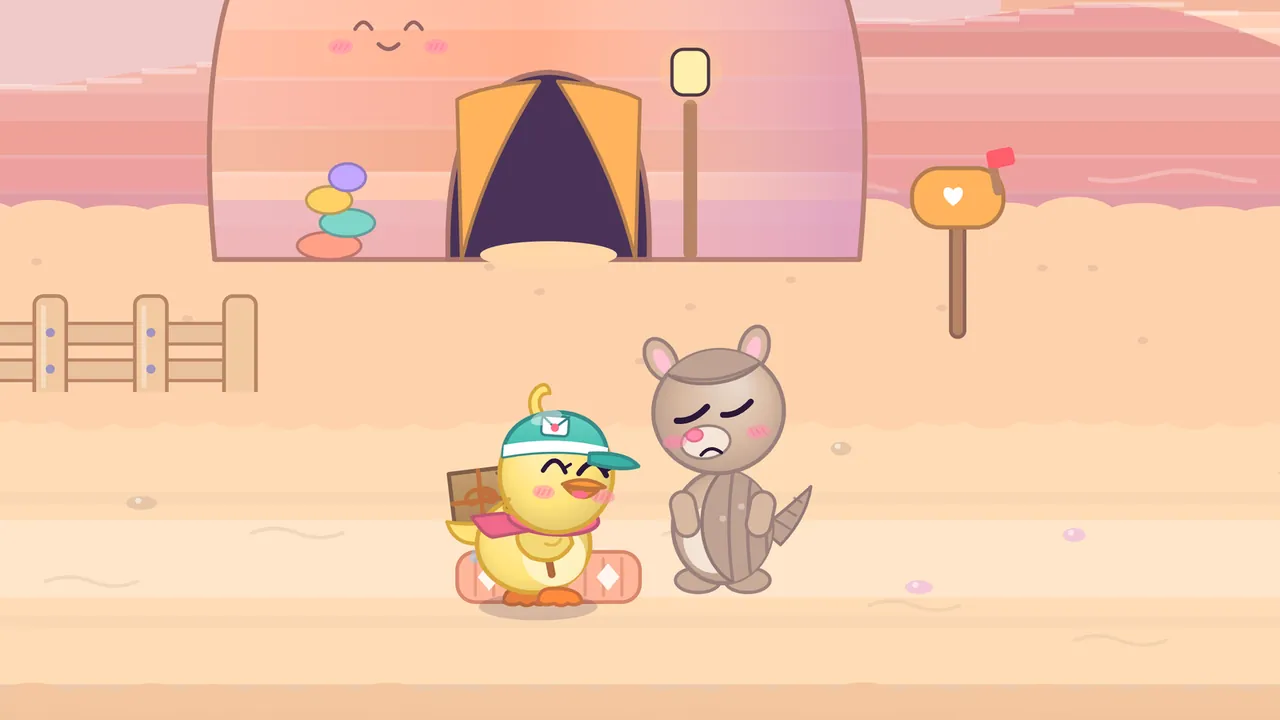 At the end of a delivery in Echo Gorge, Dilly stands on an orange doormat on peach-colored sand, smiling with her eyes closed and the parcel still on her back, next to Dusty, a gray-brown armadillo with a banded shell who looks down with a wobbly frown, in front of a striped pink tent with a little smiling face, an orange door flap, a stack of colorful pebbles, a lamp post, a wooden fence and an orange mailbox with a heart