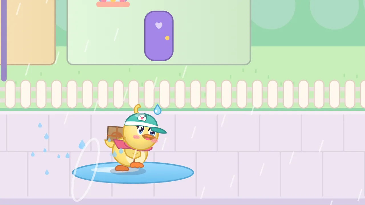 Dilly, the duckling courier with the parcel on her back, lands right in a round blue puddle on a lilac sidewalk in Pudding Town on a rainy day, with drops spraying up behind her, a ring of splash around her and a worried look on her face, in front of a white picket fence, a lamp post and a mint-green house with a purple door