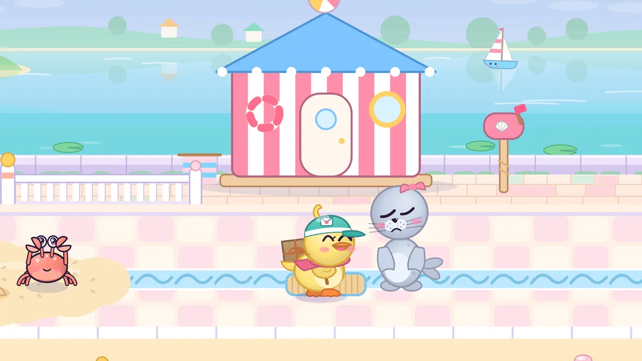 On the checkered pink boardwalk of Mirror Lake, Dilly stands on a straw doormat smiling with her eyes closed, next to Splash, a gray seal with a pink bow who looks down with a small frown, in front of a red and white striped beach hut with a blue roof, a life ring, a round porthole and a beach ball on top, with a shell-shaped mailbox, a white railing, lily pads on the blue lake, a little sailboat and a red crab on a patch of sand at the left