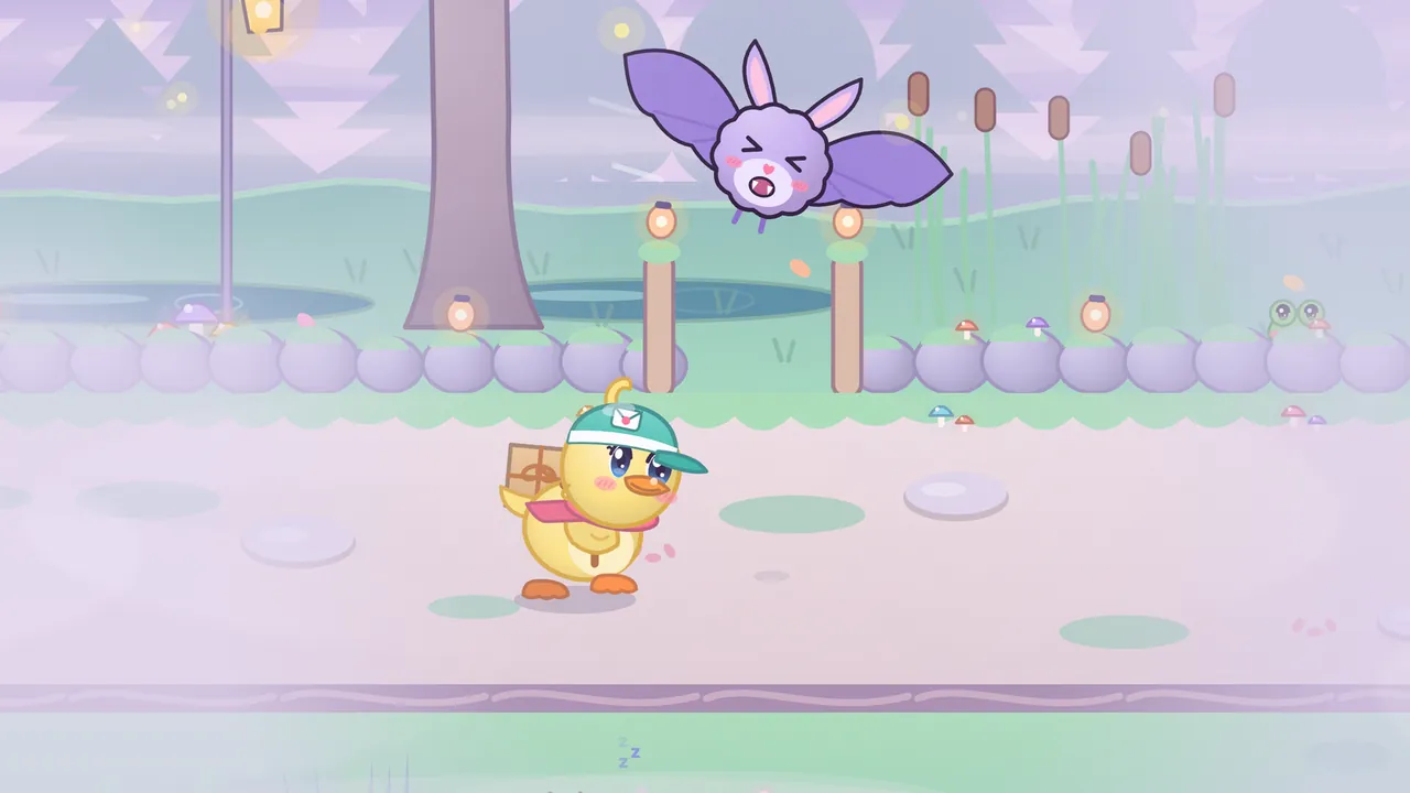 In a misty lilac forest, a round purple bat with big pink-lined ears and wide wings swoops down toward the path, its eyes squeezed shut and its little mouth open, while Dilly the yellow duckling in her teal cap walks along a pale stone path below it; glowing lanterns sit on short posts behind her, a tall gray tree trunk and a lamppost rise on the left, cattails stand on the right, and soft fog hangs over everything