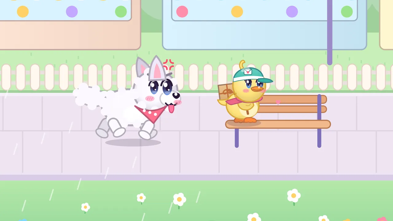 Dilly, a round yellow duckling in a teal cap with an envelope badge and a pink scarf, a brown parcel on her back, stands on a wooden park bench on a rainy town sidewalk, while Biscuit, a big fluffy white dog with pointed ears, a pink polka-dot bandana and his tongue out, runs toward the bench from the left with a cross little mark over his head; a white picket fence and pastel shop fronts run behind them, and thin streaks of rain fall over the grass and daisies in front