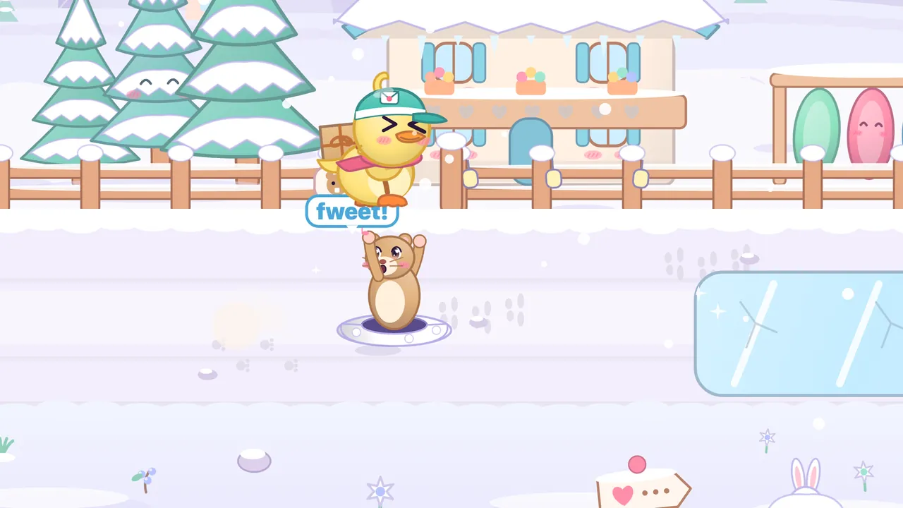 On a snowy path, Dilly the yellow duckling in her teal cap flies over a small brown marmot that stands on its hind legs in a round burrow hole, both paws raised, with a speech bubble that says fweet; Dilly squeezes her eyes shut as she flaps, her parcel on her back, while snowy fir trees with sleepy smiling faces, a wooden fence and a snow-roofed chalet with flower boxes fill the background, and a pale blue patch of ice glints on the path to the right