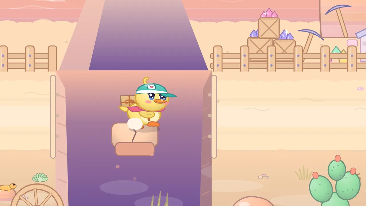 In a sunny pink-and-sand canyon, Dilly, a round yellow duckling in a teal cap with an envelope badge and a pink scarf, a brown parcel on her back, stands on a small square stone ledge in the middle of a deep purple gap, a crack running down the stone and a puff of dust at her feet; wooden fences, crates of pink and purple crystals and pickaxes line the far bank, and a prickly pear cactus and an old cart wheel sit on the near edges
