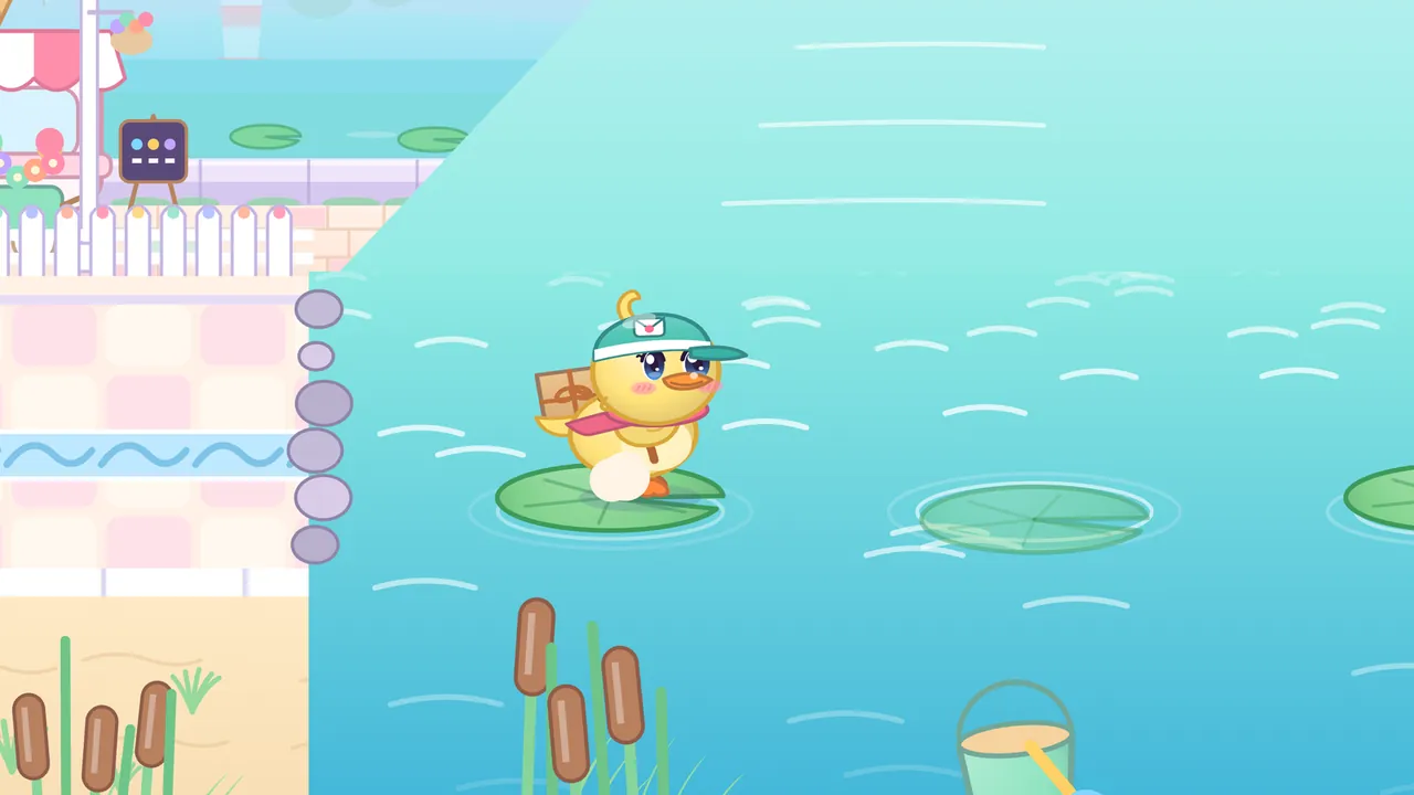 Dilly the yellow duckling in her teal cap stands on a round green lily pad in a bright turquoise lake, ripples circling the pad, and looks ahead at the next lily pad, which is pale and half under the water, sinking with rings spreading around it; on the left a promenade of pink and cream tiles with a white picket fence, a little chalkboard sign and a flower stand ends at a row of lilac stones, and cattails and a green sand bucket sit at the bottom of the frame