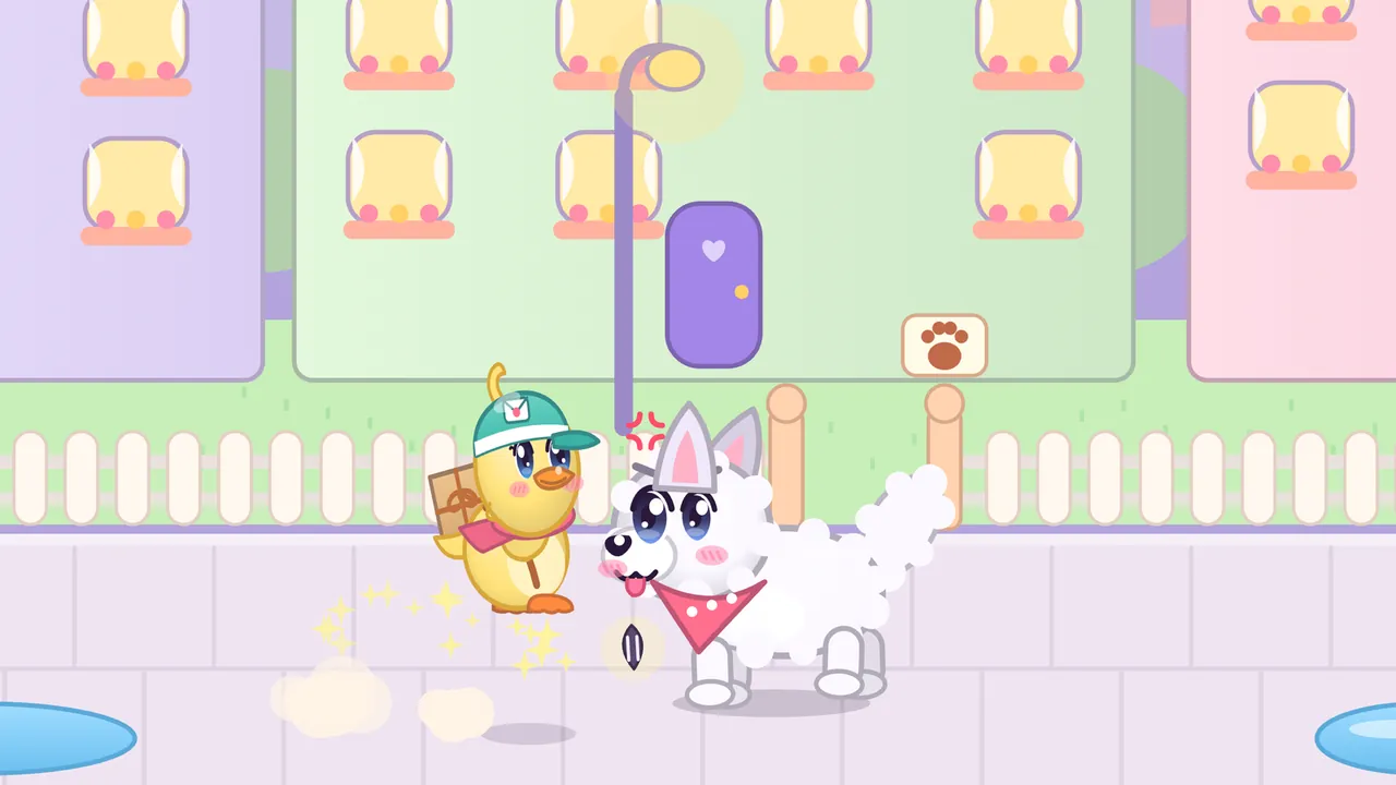 Dilly the duckling in a green courier cap hurrying along a pastel street while Biscuit, a big fluffy white dog with a pink polka-dot bandana, chases right behind her