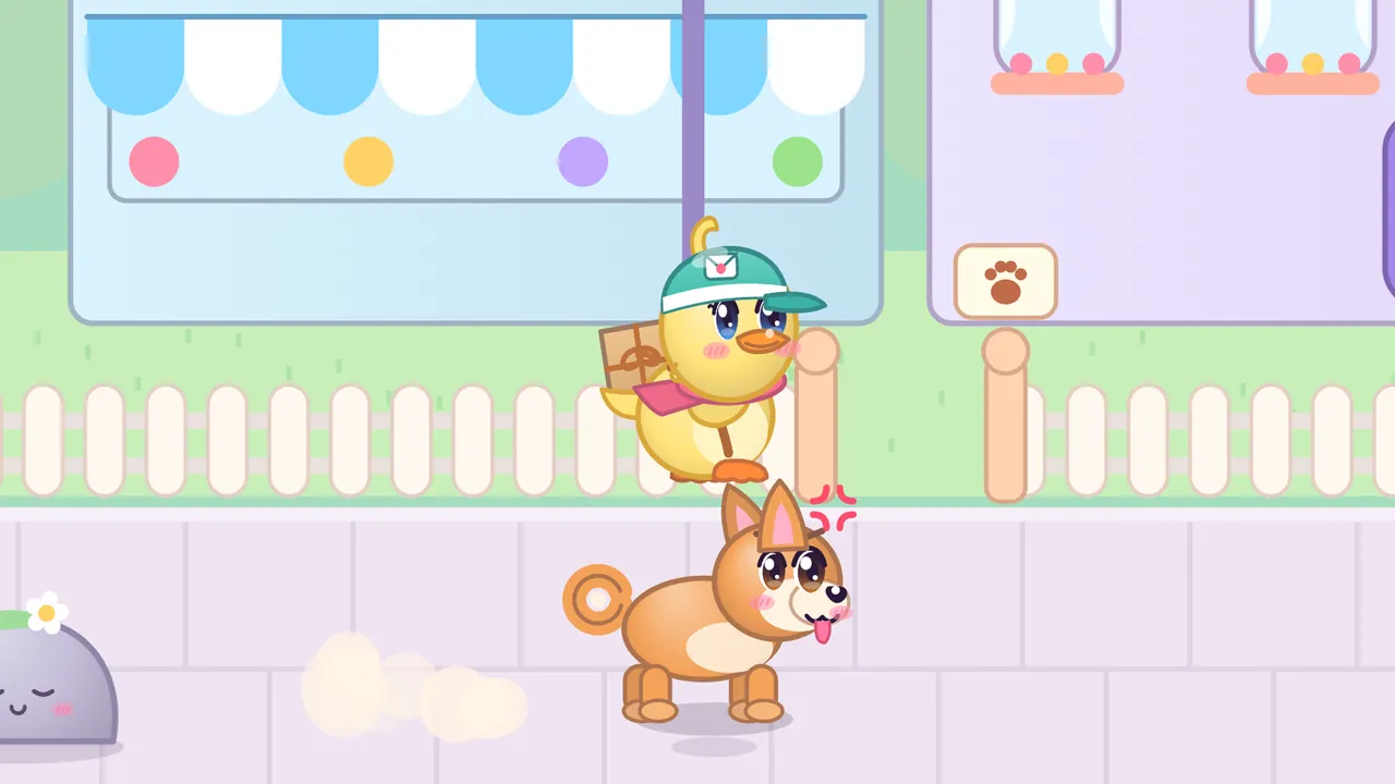 Dilly the duckling leaping over a cross orange guard dog with a curly tail that has run out of its gate onto the sidewalk