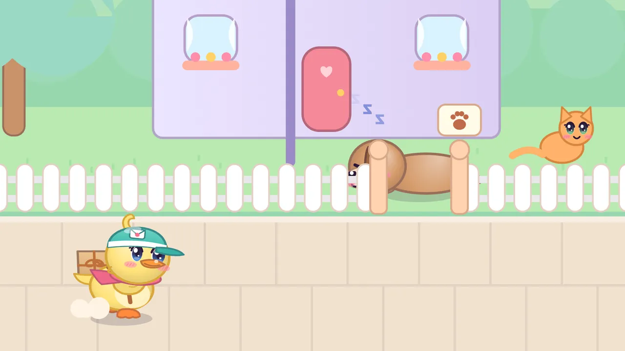 Dilly the duckling hurrying along the sandy park path past a long-eared dog asleep in its gateway, while an orange cat sits on the fence nearby