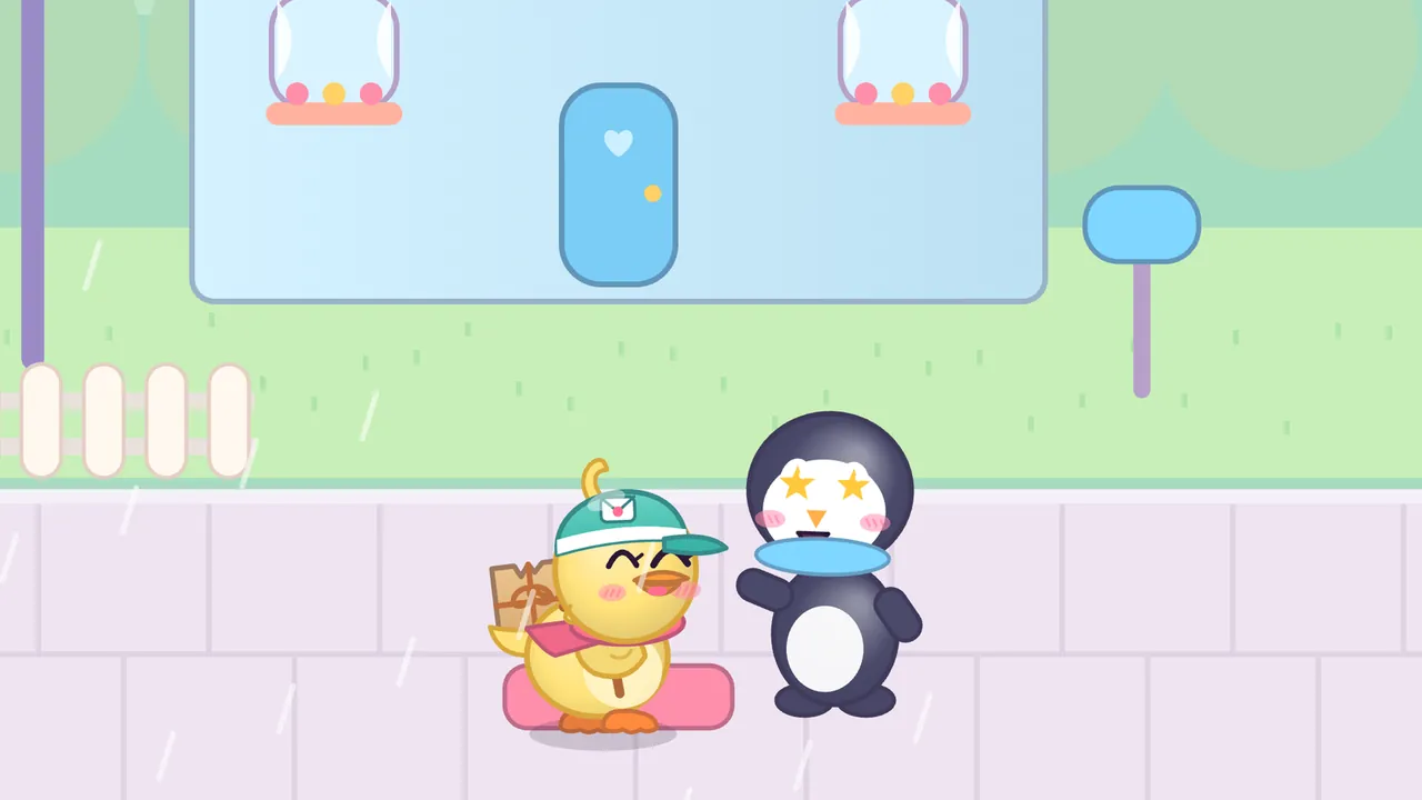 Dilly the duckling smiling on a pink doormat in the rain next to Percy the penguin, whose eyes have turned into golden stars