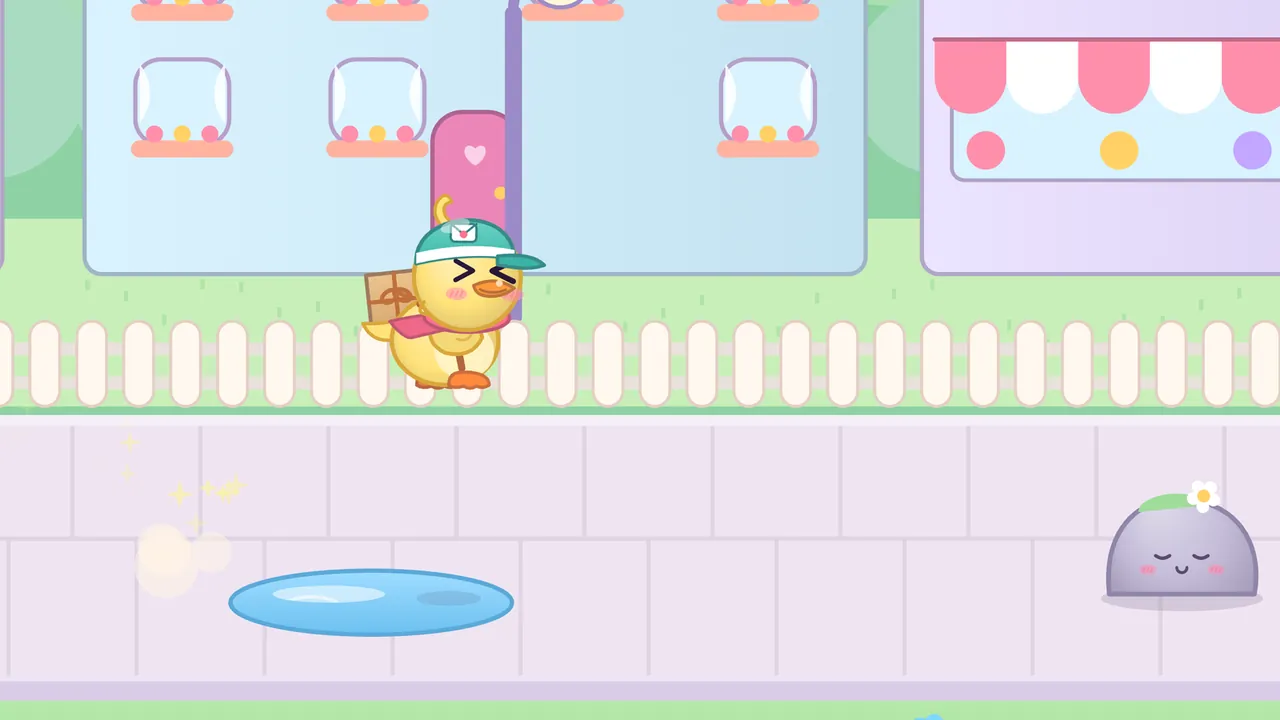 Dilly the duckling in a green courier cap squinting with effort as she hops high over a blue puddle on a pastel sidewalk, a sleepy rock with a daisy on top waiting ahead