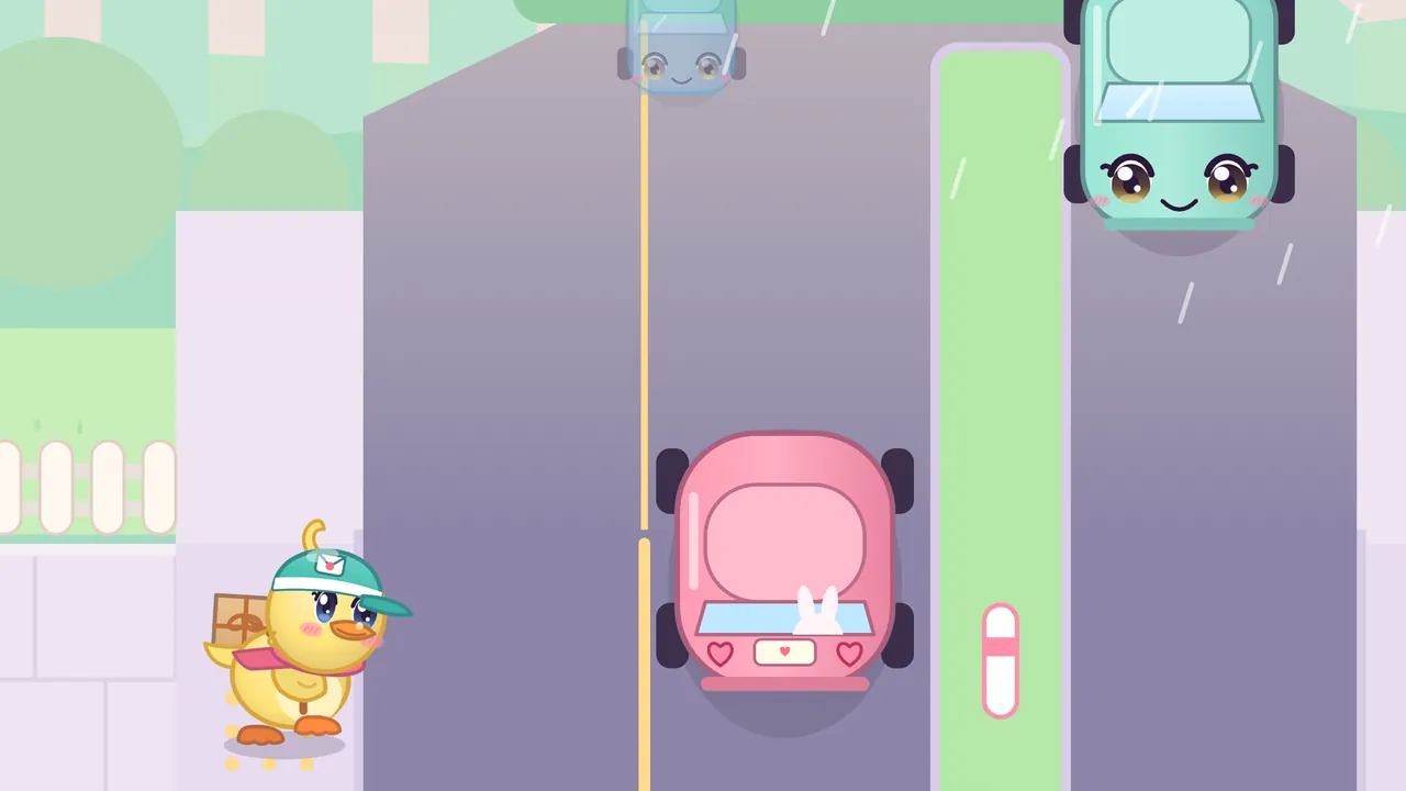 Dilly the duckling waiting at the edge of a rainy street while a pink car with bunny ears in its back window drives past and a smiling mint car comes the other way