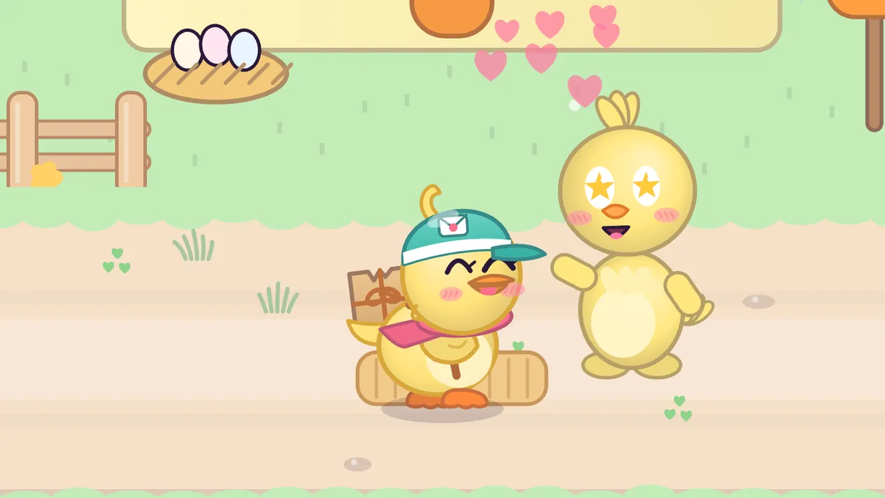 Drizzle Dale on a soft green and peach day: Dilly, a round yellow duckling courier in a mint cap with a tiny envelope badge and a coral scarf, a kraft paper parcel tied with twine on her back, stands on a woven doormat with her eyes closed in two happy arcs and her beak open, next to Peep, a round yellow chick with a three-feather tuft, star eyes and a wide smile, who waves a wing under a cloud of floating pink hearts; behind them are a cream house with an orange door, a nest with three pastel eggs, a wooden fence and an orange mailbox on a post