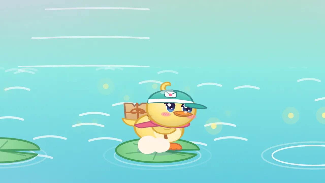 Dilly, the round yellow duckling in a mint cap with an envelope badge, a coral scarf and a parcel tied with twine on her back, stands on a green lily pad in the middle of a turquoise lake, looking ahead with big blue eyes, as a little white puff of dust from her landing rises at her feet; a second lily pad floats on the left, soft yellow lights drift over the water, ripples spread on the right, and the pale sky above is streaked with thin white lines of haze