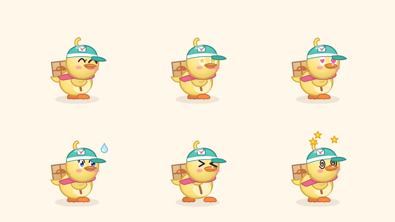 A sketchbook page on cream paper with six drawings of Dilly, a round yellow duckling in a mint cap with a white band and a tiny envelope badge, a coral scarf and a kraft paper parcel tied with twine on her back, in two rows of three: top left, eyes closed in two happy arcs and beak open; top middle, yellow star eyes; top right, pink heart eyes; bottom left, wide blue eyes with a small round beak and a blue drop of sweat above her head; bottom middle, eyes squeezed into two tight marks and a flat, gritted beak, feet braced apart; bottom right, spiral eyes with three yellow stars circling over her cap