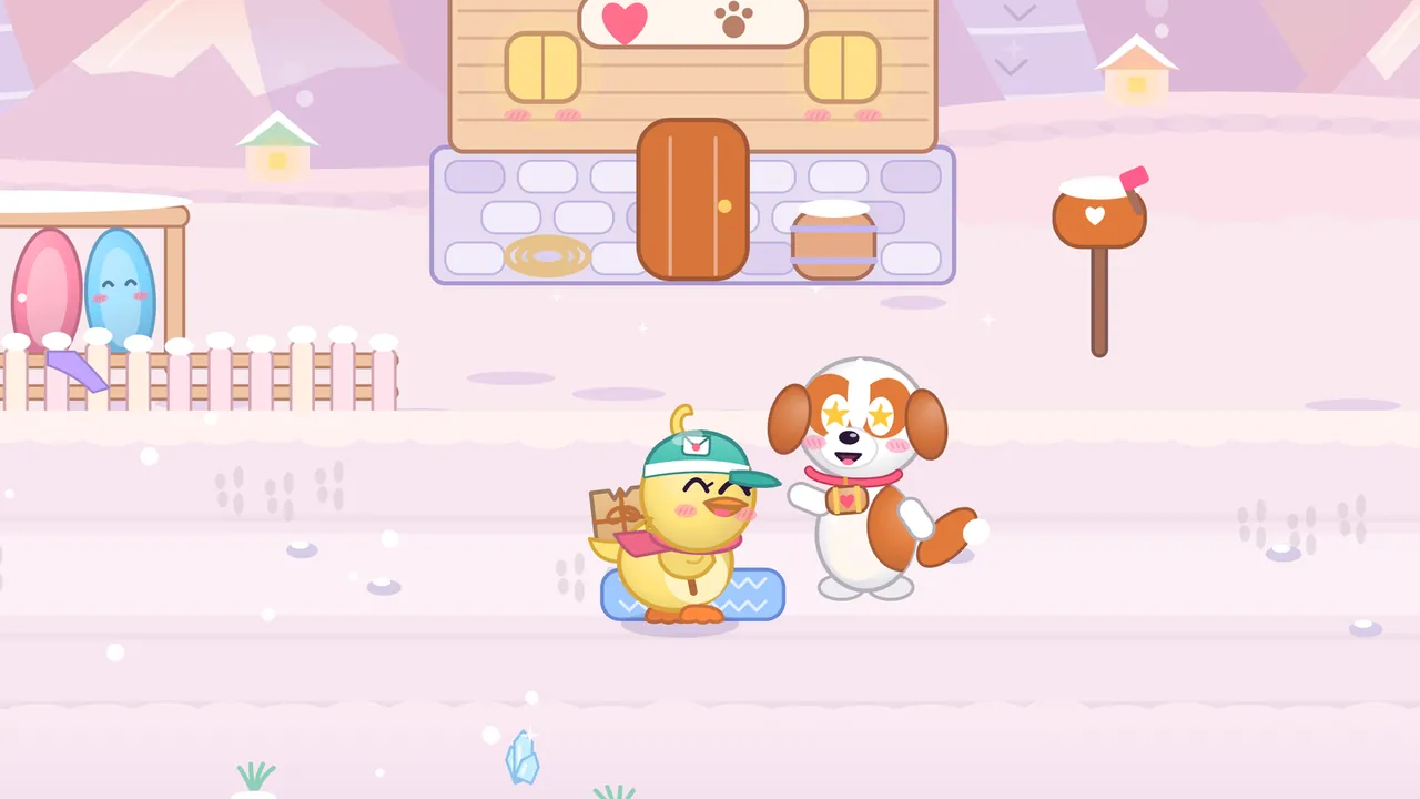 Captain Frost, a white and orange Saint Bernard with floppy orange-brown ears, star-shaped eyes, a red collar and a tiny barrel with a heart hanging from it, waves at Dilly on a snowy path, both drawn large; Dilly, a yellow duckling in a teal cap with an envelope badge and a pink scarf, a parcel on her back, smiles with her eyes shut on a blue doormat with a white zigzag; behind them stands a wooden chalet on a stone base with an orange roof, a sign with a heart and a paw print, a coil of rope and a barrel by the wall, with a pink sled and a blue sled leaning by a snowy fence on the left, a wooden mailbox with a heart and a red flag on the right, small glowing houses on the pink hills and snow falling