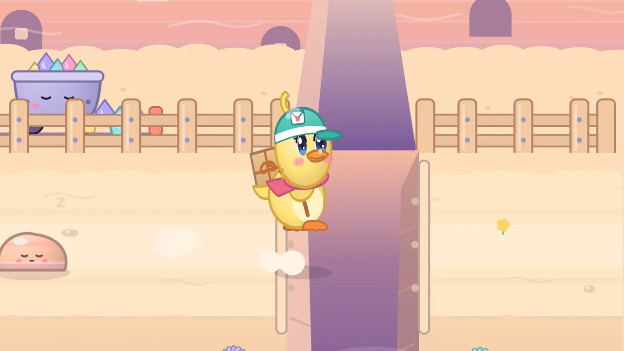 Dilly, a yellow duckling in a teal cap with an envelope badge and a pink scarf, a parcel tied on her back, hops across a narrow purple chasm in the sandy path, drawn large in the middle, with two puffs of dust where she took off; behind her run a wooden fence and a sleepy lilac mine cart full of pastel crystals, a pink rock dozes on the path at the left next to a little letter z, and pink desert cliffs with round purple doorways rise beyond