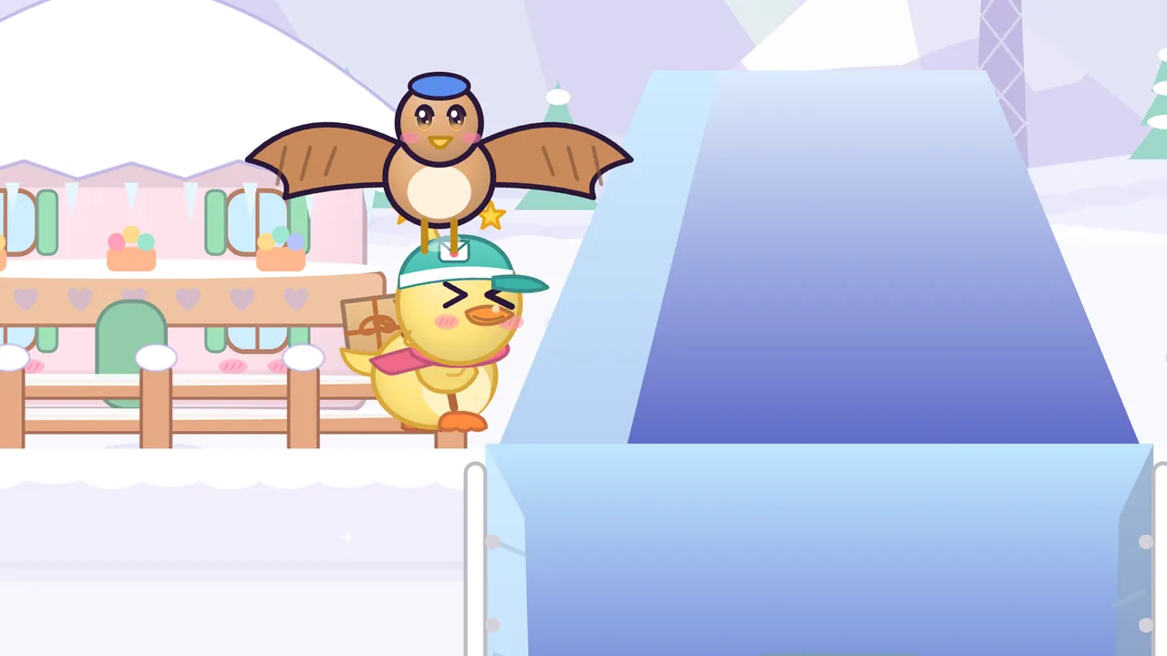 The same hawk in a little blue postal cap lifts Dilly out of a crack in the snow on Snowpeak, drawn large: the hawk spreads its golden-brown wings above her and holds on with yellow talons, and Dilly, a yellow duckling in a teal cap and a pink scarf with a parcel on her back, hangs below with her eyes squeezed shut and a little yellow star beside her; on the right a deep blue crack in the ice cuts through the snowy path, and behind them stand a pink house with icicles along its roof, green shutters, flower boxes and a balcony with hearts, a snowy wooden fence and pale purple mountains