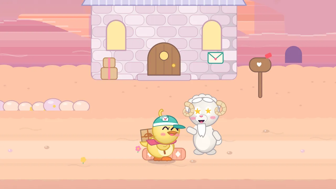Old Horn, a fluffy white ram with curly golden horns, a white beard and star-shaped eyes, waves happily at Dilly in front of the Echo Gorge post office, both drawn large; Dilly, a yellow duckling in a teal cap with an envelope badge and a pink scarf, a parcel on her back, smiles with her eyes shut on a peach doormat; behind them stands a pale stone post office with an arched wooden door, two glowing yellow windows, a green envelope sign and two stacked parcels by the wall, with a wooden mailbox with a heart and a red flag on the right and pink cliffs in the sunset beyond