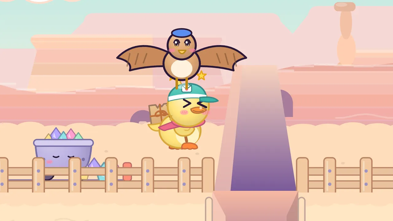 The hawk taxi carries Dilly up out of a chasm in Echo Gorge, drawn large in the middle: the hawk, a round golden-brown bird with a cream belly, big amber eyes, pink cheeks, a small yellow beak and a little blue postal cap, spreads its wings wide and holds on with its yellow talons; below it hangs Dilly, a yellow duckling in a teal cap with an envelope badge and a pink scarf, a parcel on her back, eyes squeezed shut and a little yellow star beside her; to the right a deep purple chasm cuts through the sandy path, and behind them are a wooden fence, a sleepy lilac mine cart full of pastel crystals and pink desert mesas with a tall rock spire