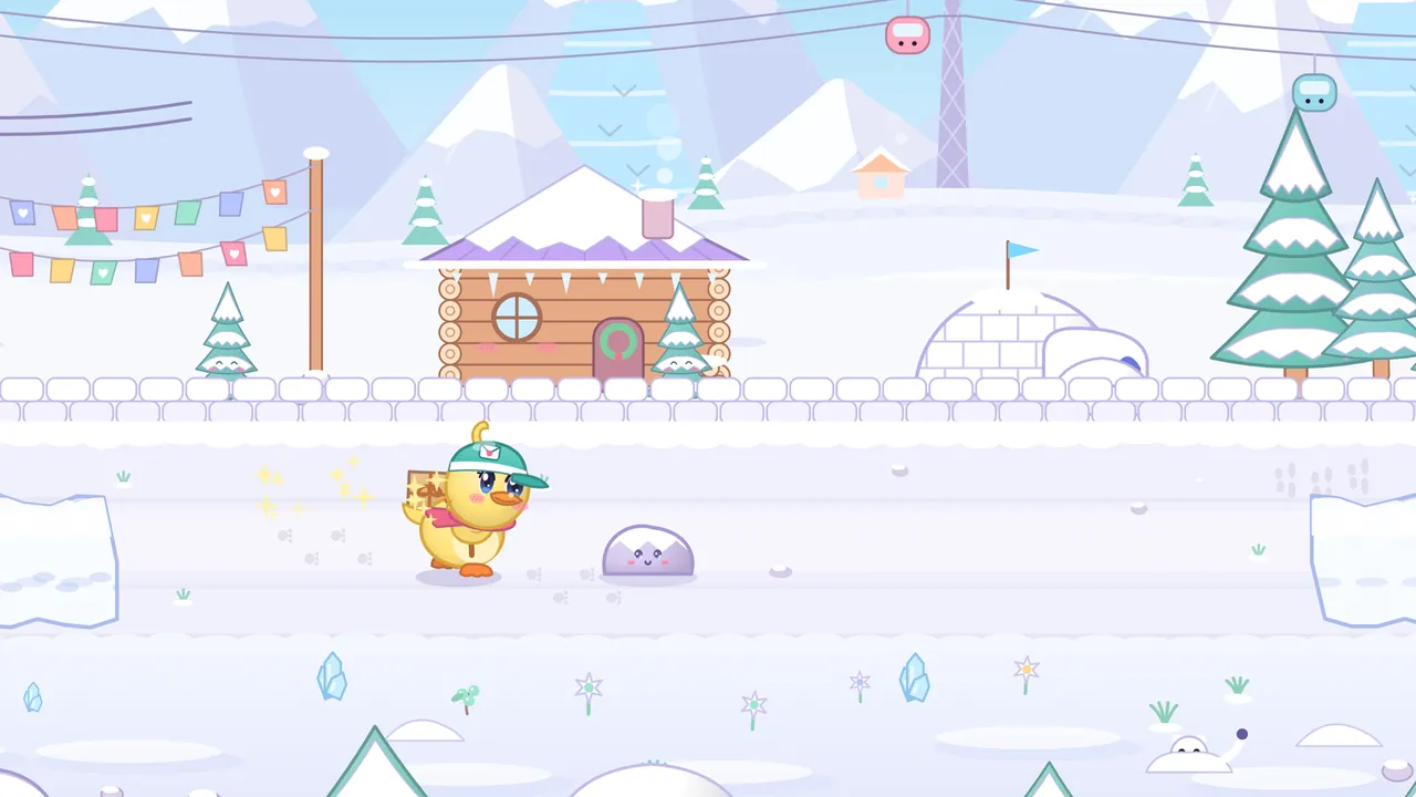 Dilly walks along a packed-snow path on the Valley way of Snowpeak with a few gold sparkles behind her parcel, next to a lilac rock with a snowy cap and a smiling face; behind a snow fence stand a log cabin with a snowy roof, icicles, a round window and a door with a green wreath, an igloo with a little blue flag, snowy pine trees and a string of colorful bunting, while a pink and a blue cable car glide along a wire in front of pale snowy mountains, and blue ice crystals and tiny flowers poke out of the snow in front