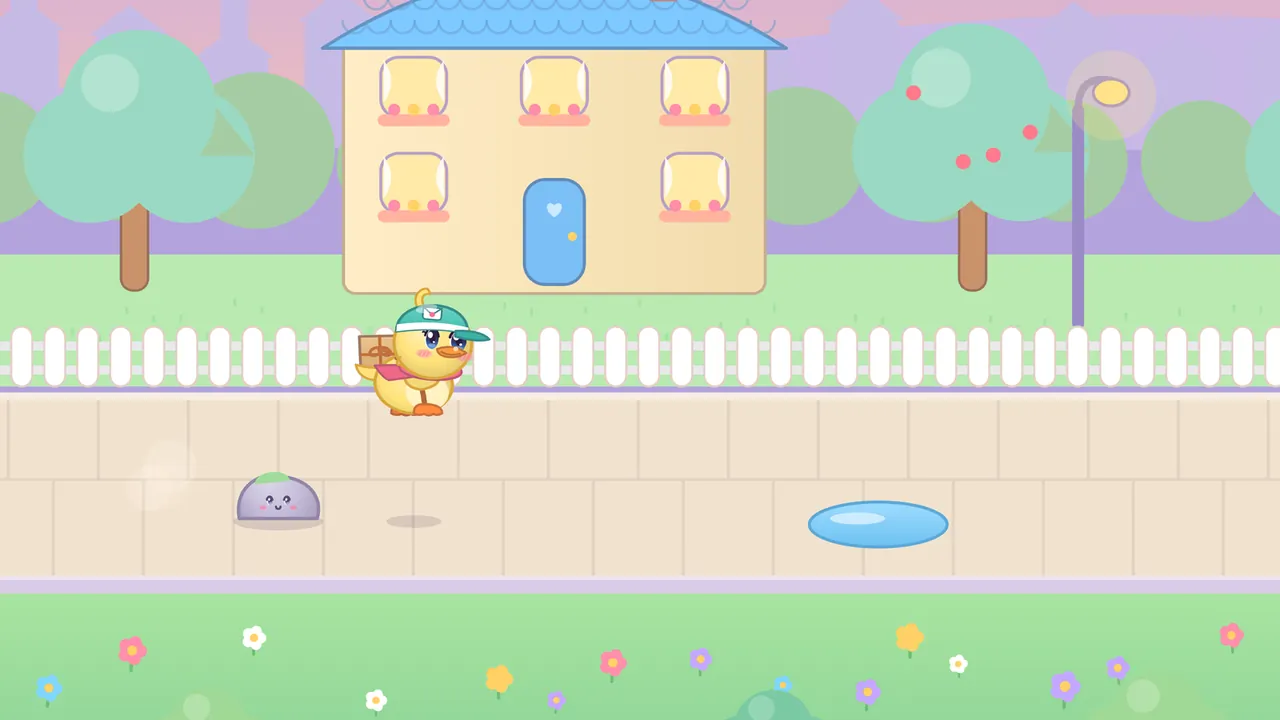 Dilly, a yellow duckling in a teal courier cap with an envelope badge, a pink scarf and a parcel on her back, hops over a small gray rock with a smiling face on the Park way of Pudding Town; behind a white picket fence stand a cream house with a blue heart door and lit windows, round mint-green trees, one with red fruit, and a street lamp, a blue puddle waits on the pavement ahead, and colorful flowers dot the grass in front against a lilac evening sky